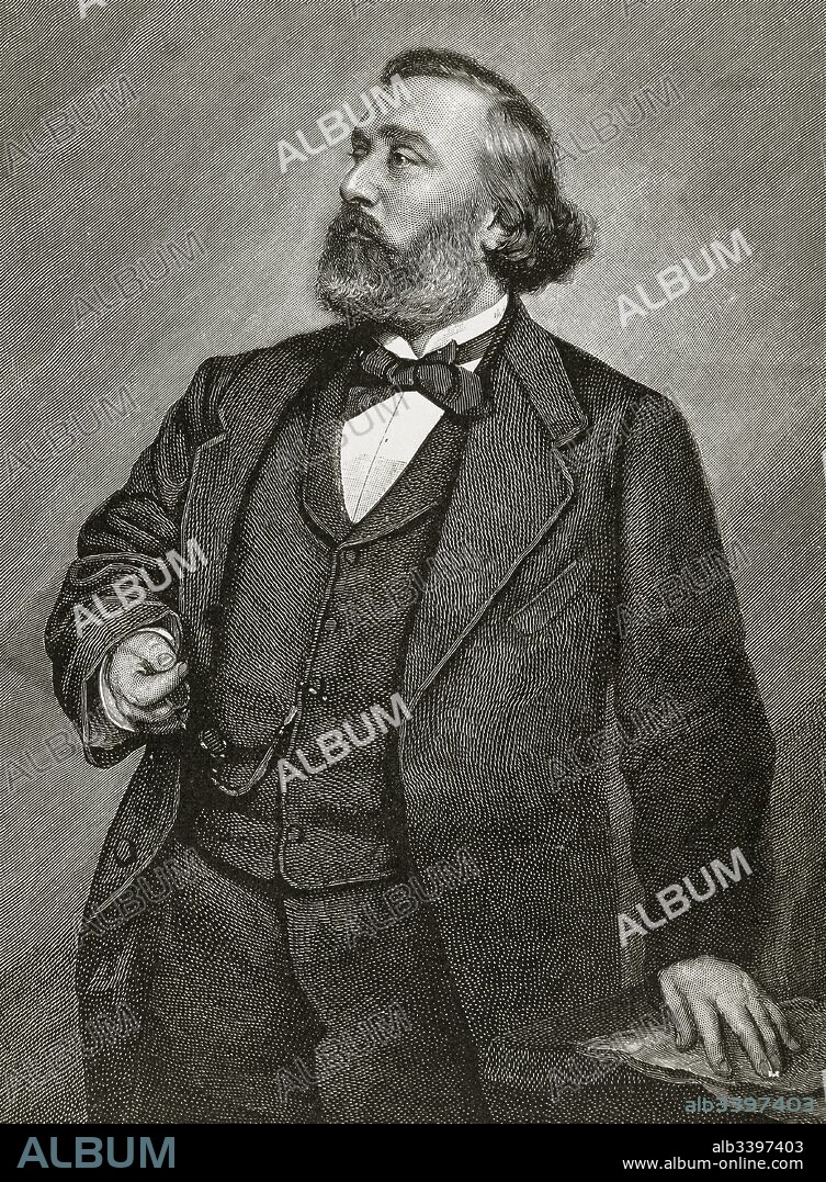 León Gambetta (Cahors,1838-Ville d'Avray,1882). Abogado y estadista francés, uno de los fundadores de la Tercera República, de la que fué presidente entre noviembre de 1881 y enero de 1882. Grabado.