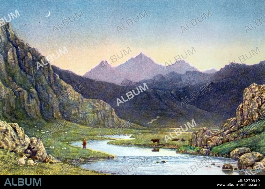 Painting titled 'A Highland Landscape: After Sunset' by George Fennell Robson (1788-1833) an English watercolourist painter. Dated 19th Century.