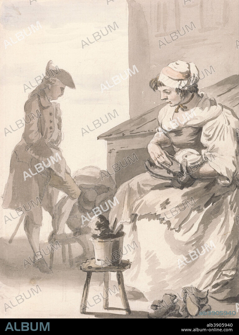 PAUL SANDBY. London Cries: Shoe Cleaner. Date/Period: Ca. 1759. Genre subject. Gray, pink, and blue wash over graphite on medium, blued white, slightly textured laid paper. Height: 197 mm (7.75 in); Width: 152 mm (5.98 in).