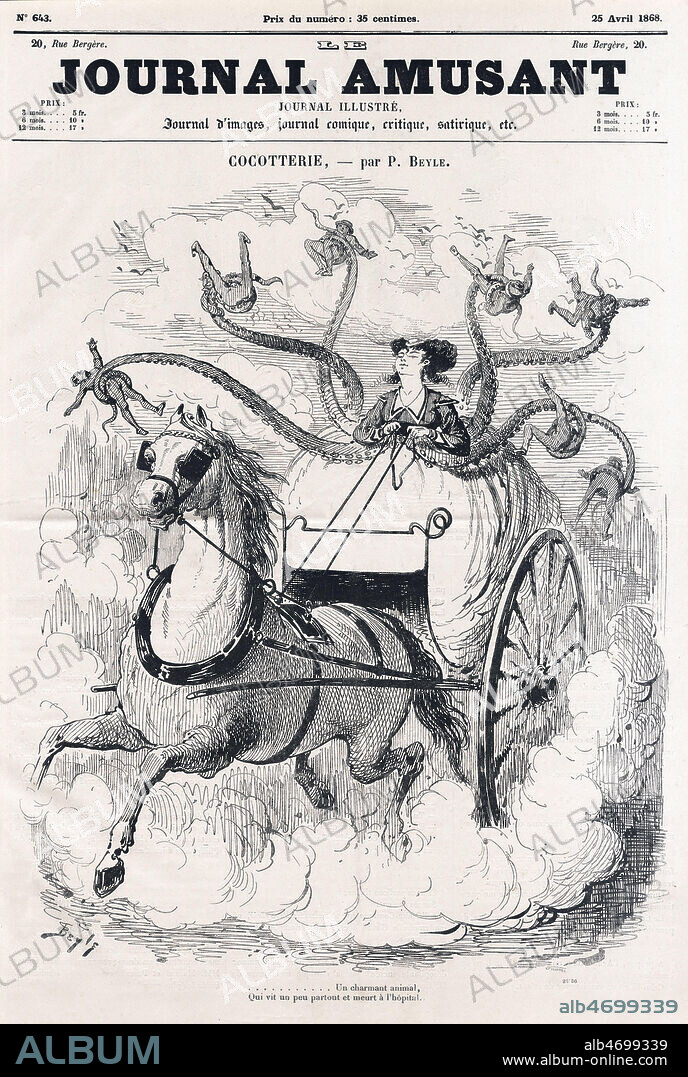 Cocotterie. Un charmant animal qui vit un peu partout et meurt a l'hopital. Caricature de Pierre BEYLE (1838-1902) pour le Journal amusant du 25 avril 1868. Credit : Collection Kharbine-Tapabor.