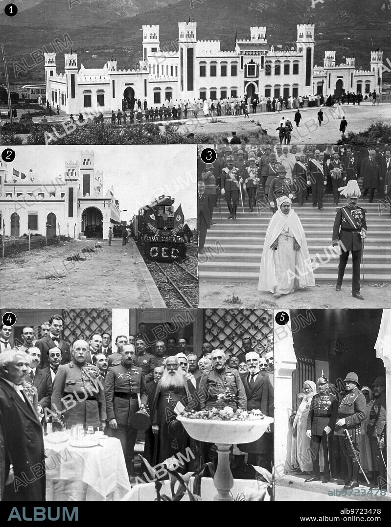 Mayo 1918. El viaje del infante D. Carlos. Inauguración del ferrocarril Ceuta-Tetuan. 1.-aspecto de la estación 2.-salida del primer Tren. 3.- S.A. el infante D. Carlos (X), con el jalifa y su Séquito. 4.-su alteza Real (X) y acompañamiento durante El "Lunch" Servid.