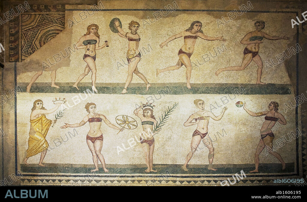 Italy, Sicily, Coronation of the inner' Bikini girl from "Chamber of the Ten Maidens", mosaic from Villa Romana del Casale, 4th century.