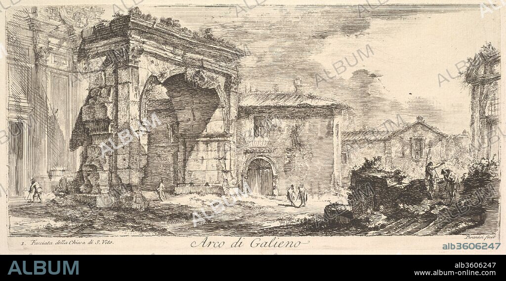 Arch of Galienus. 1. Façade od the Church of S. Vito (Arco di Galieno. 1. Facciata della Chiesa di S. Vito). Artist: Giovanni Battista Piranesi (Italian, Mogliano Veneto 1720-1778 Rome). Dimensions: Plate: 5 1/4 × 10 11/16 in. (13.3 × 27.2 cm)
Sheet: 13 × 19 in. (33 × 48.2 cm). Series/Portfolio: Alcune Vedute di Archi Trionfali ed altri monumenti inalzati da Romani parte di quali se veggono in Roma e parte per l'Italia (Some Views of Triumphal Arches and other monuments erected by the Romans, some of which are in Rome and some elsewhere in Italy). Date: ca. 1748.