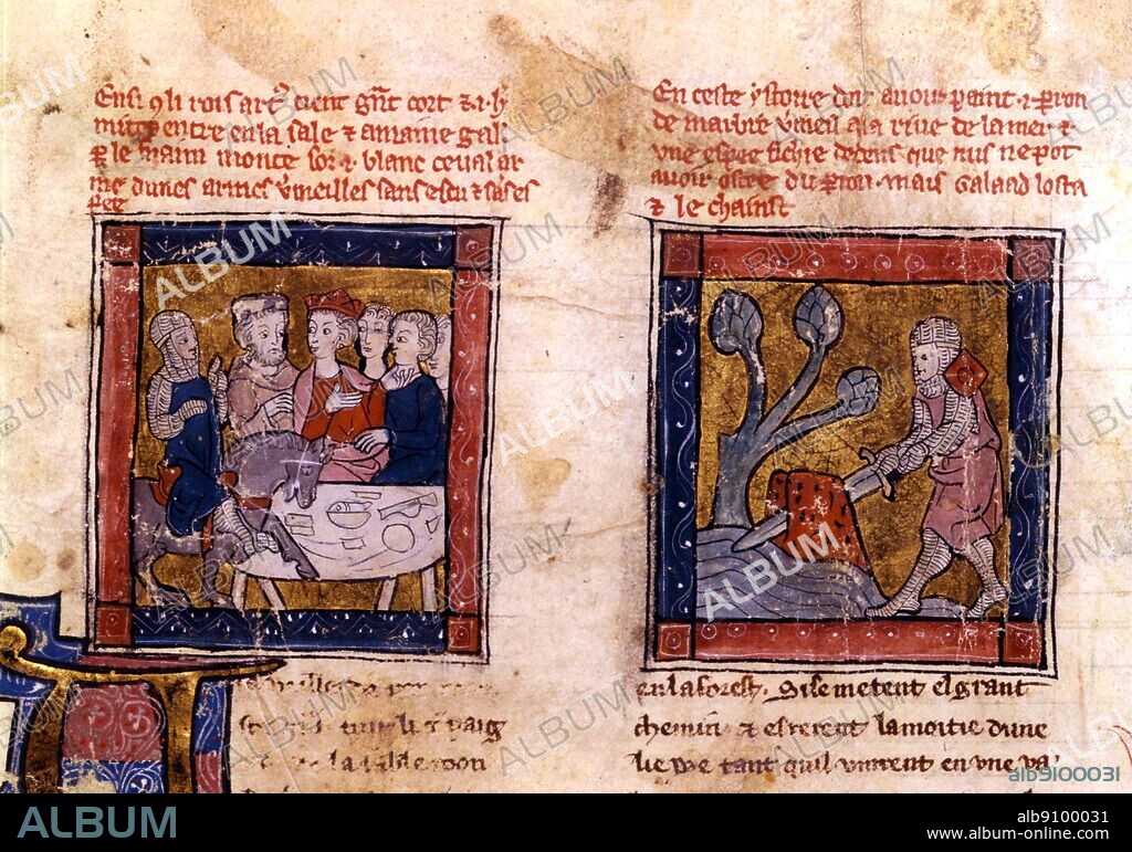 Galahad removes sword from the stone in river, 1250-80. Sir Galahad was one of the knights of King Arthur's Round Table in Arthurian legend. He was the illegitimate son of Sir Lancelot and Elaine of Corbenic, and he was renowned for his gallantry and purity.