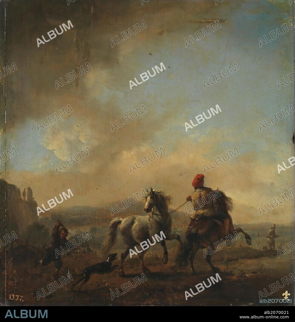 Philips Wouwerman / 'Caballos asustados por un perro', Hacia 1650, Escuela Holandesa, Óleo sobre Tabla, 33 cm x 32 cm, P02146.