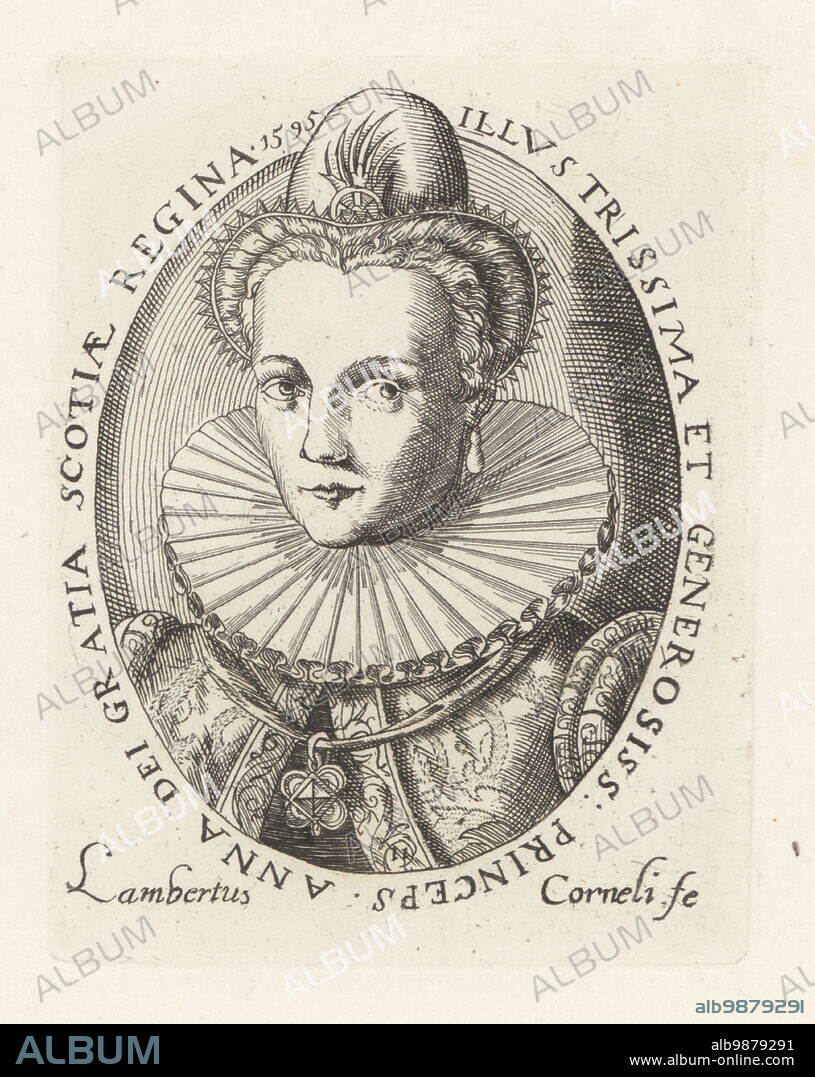 Anne of Denmark, queen of Scotland and England, 1574-1619. Wife of King James VI of Scotland, later James I of England. In hat, earrings, ruff collar, brocade gown. Princeps Anna Dei Gratia Scotiae Regina 1595. Copperplate engraving by Lambertus Corneli from Samuel Woodburns Gallery of Rare Portraits Consisting of Original Plates, George Jones, 102 St Martins Lane, London, 1816.