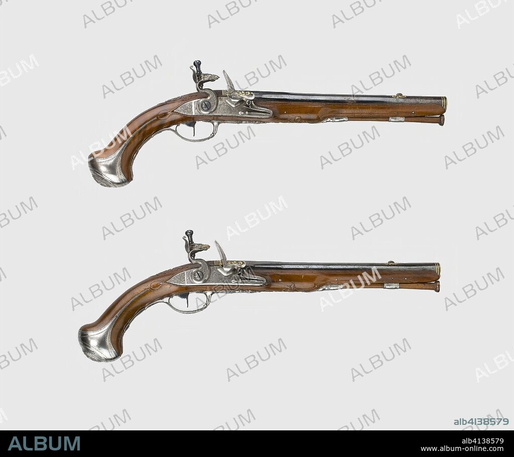 Pair of Flintlock Holster Pistols. Joseph Etienne Brion (French, active 1740-1747); Paris. Date: 1735-1745. Dimensions: L. 40.3 cm (15 7/8 in.)
Barrel L. 25.4 cm (10 in.)
Caliber .61
Wt. 1 lb. 8 oz. each. Steel, gold, walnut, and flint. Origin: Paris.