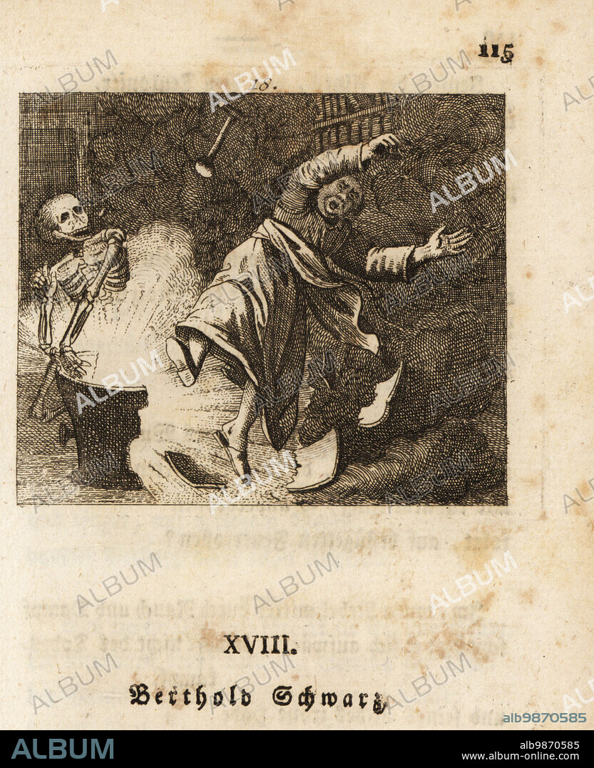The skeleton of Death, Freund Hans, kills an alchemist with an explosion. The alchemist is blown up in his laboratory. Berthold Schwarz, legendary German alchemist of the late 14th century credited with the invention of gunpowder. Copperplate engraving by Johan Georg Mansfeld after an original by Johann Rudolf Schellenberg from Johan Kark Musauss Freund Heins Erscheinungen in Holbeins Manier, (Apparitions of Death in the manner of Holbein) Mannheim, 1803.