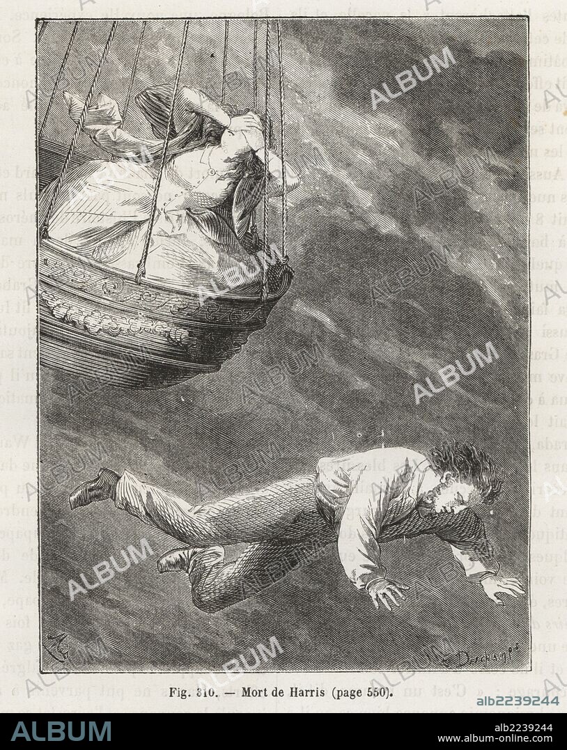 Death of Thomas Harris, in a balloon accident, 1824. His companion Sophia Stocks survived. Woodblock engraving by Mes after E. Deschamps from Louis Figuier's "Les Merveilles de la Science: Aerostats" (Marvels of Science: Air Balloons), Furne, Jouvet et Cie, Paris, 1868.