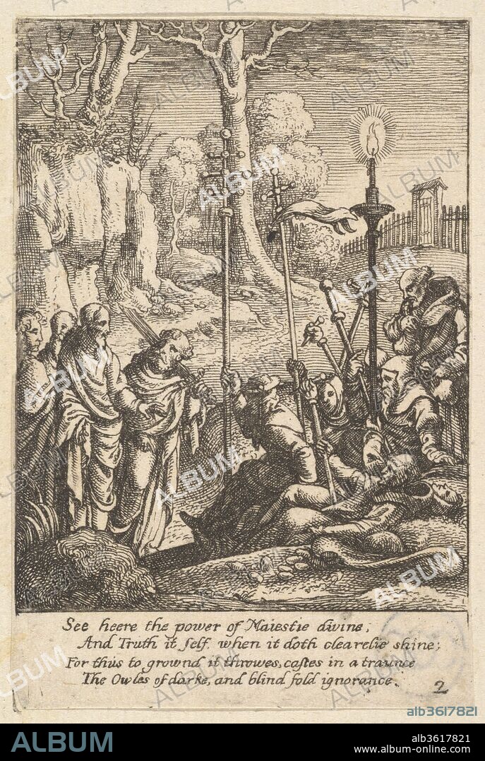 Jesus confronting his detractors. Artist: Possibly after Hans Holbein the Younger (German, Augsburg 1497/98-1543 London). Dimensions: Sheet: 3 9/16 × 2 7/16 in. (9.1 × 6.2 cm). Etcher: Wenceslaus Hollar (Bohemian, Prague 1607-1677 London). Series/Portfolio: The satirical passion. Date: 1625-77.
Plate 2. Jesus and Peter, with a sword over his shoulder, walk right towards a crowd of monks and a cardinal carrying crosses, pilgrim staffs and a lit candle . After a follower of Hans Holbein.