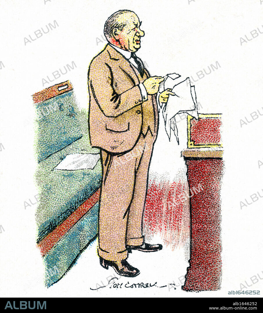 Stanley Baldwin (1867-1947) lst Earl Bewdley. British politician. Member of Parliament 1906: Prime Minister 1923-31, 1935-37: here addressing House of Commons from the dispatch box. Cartoon.  Card published 1929.
