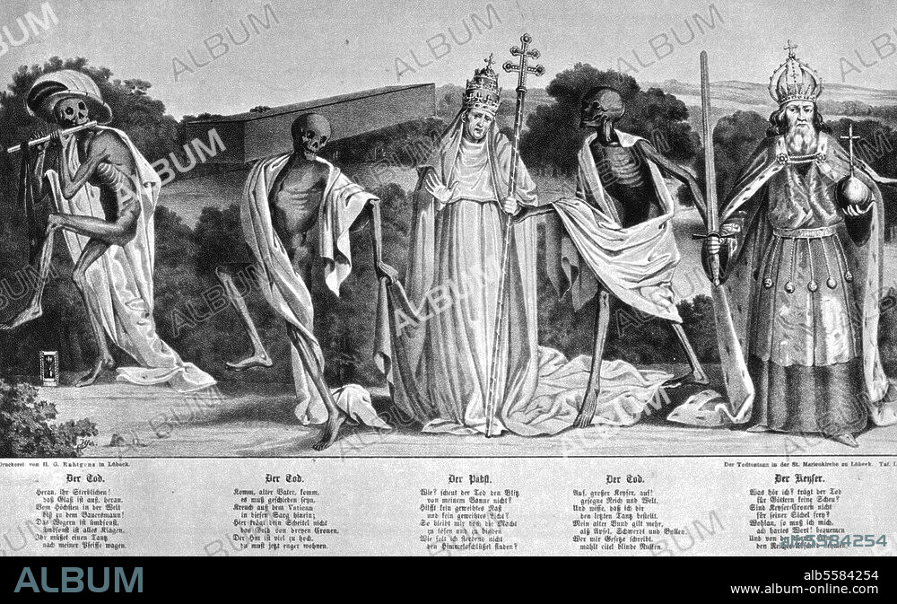BERNT NOTKE. Notke, Bernt um 1440 - 1509. "Totentanz", um 1463/66. Ausschnitt: Papst / Kaiser. Lithographie nach Gemälde (Kopie, 1701, von Anton Wortmann). Ehem. Lübeck, Marienkirche, im 2. Weltkrieg zerstört.