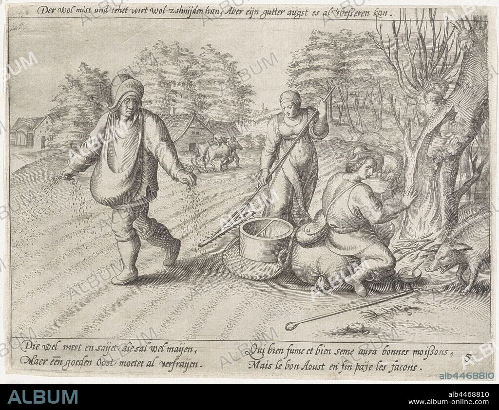 Sowing the land Growing grain (series title), A man sprinkles his field with seed. A woman is raking the seeds in the ground. Another man warms himself by a fire under a tree. On the print an explanation of the performance in German, Dutch and French, sowing, Antonie Wierix (II) (possibly), Antwerp, 1565 - before 1604, paper, engraving, h 143 mm × w 187 mm.