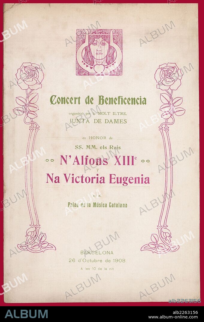 Barcelona. Programa del concierto de beneficiencia celebrado en el Palau de la Música Catalana en honor de los reyes de España Alfonso XIII y Victoria Eugenia. Año 1908.