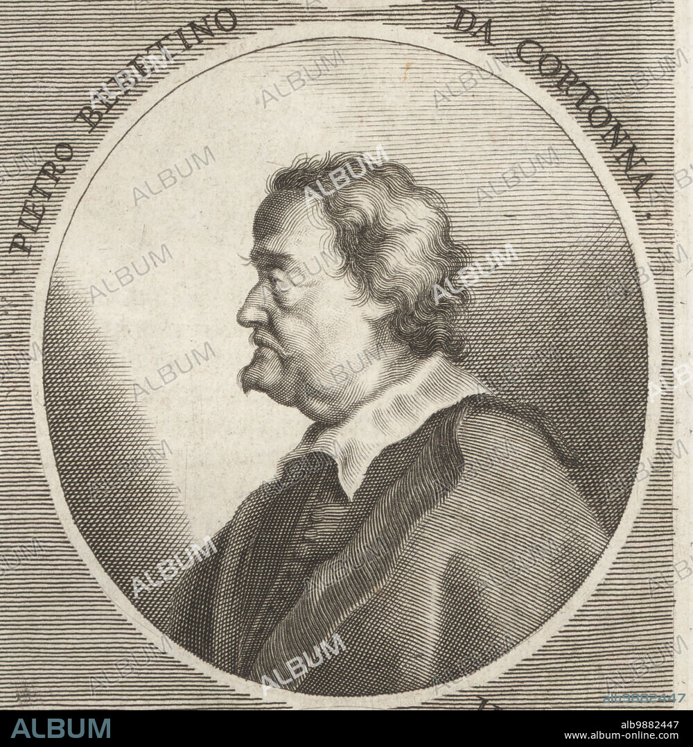 Pietro da Cortona, or Pietro Berrettini, Italian Baroque painter and architect, 1596-1669. Pietro Beretino da Cortonna. Copperplate engraving by Philipp Kilian after an illustration by Joachim von Sandrart from his LAcademia Todesca, della Architectura, Scultura & Pittura, oder Teutsche Academie, der Edlen Bau- Bild- und Mahlerey-Kunste, German Academy of Architecture, Sculpture and Painting, Jacob von Sandrart, Nuremberg, 1675.