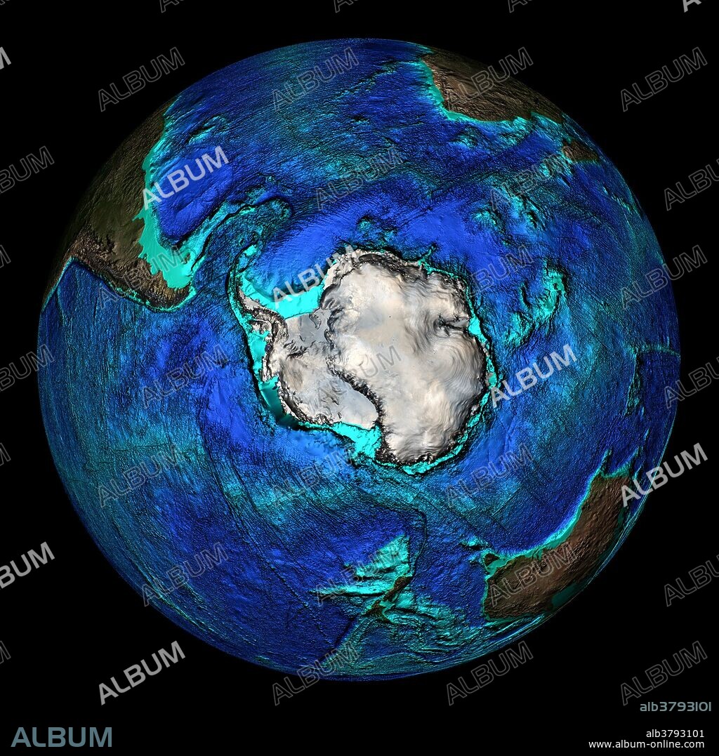 Topographical map of the Earth, centered on the South Pole, with the Prime Meridian (0 degrees East) at six o'clock. Visible is the mid-Atlantic Ridge running along the entire length of the Atlantic Ocean (upper center), highlands (darker regions) and Antarctica (shown in white). The seas and oceans are color-coded by depth and land colors are based on MODIS true-color data from the Terra satellite in 2004 where darker regions represent highlands. Turquoise regions represent the continental shelf and descend to around 150 meters before dropping off abruptly at the shelf break. The descent of the continental slope to the ocean floor is shown as increasingly dark shades of blue.