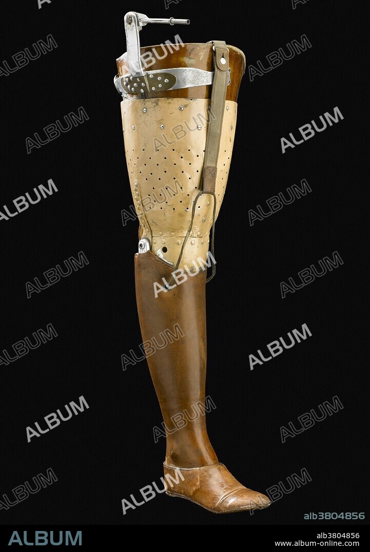 Artificial left leg, Europe, 1900-1940. A mixture of wood, leather and light metal was used to construct this artificial leg. It was made for someone who had their leg amputated above the knee. The calf and foot of the leg are made from an alloy of aluminium. This is lightweight but durable. The thigh socket is made from mahogany with a perforated metal cover. This allows air to circulate so the wearer will not get too hot. The foot of the leg is shaped as if wearing a shoe. It gives the leg a more realistic appearance.