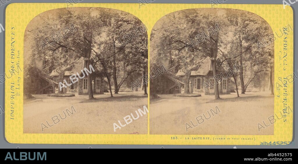 View of a dairy in Le Hameau de la Reine near the Petit Trianon, La Laiterie, (Jardin du Petit Trianon) (title on object), Imperial Residences (series title on object), garden, Le Hameau de la Reine, Ernest Eleonor Pierre Lamy (mentioned on object), 1860 - 1880, cardboard, photographic paper, albumen print, h 87 mm × w 178 mm.