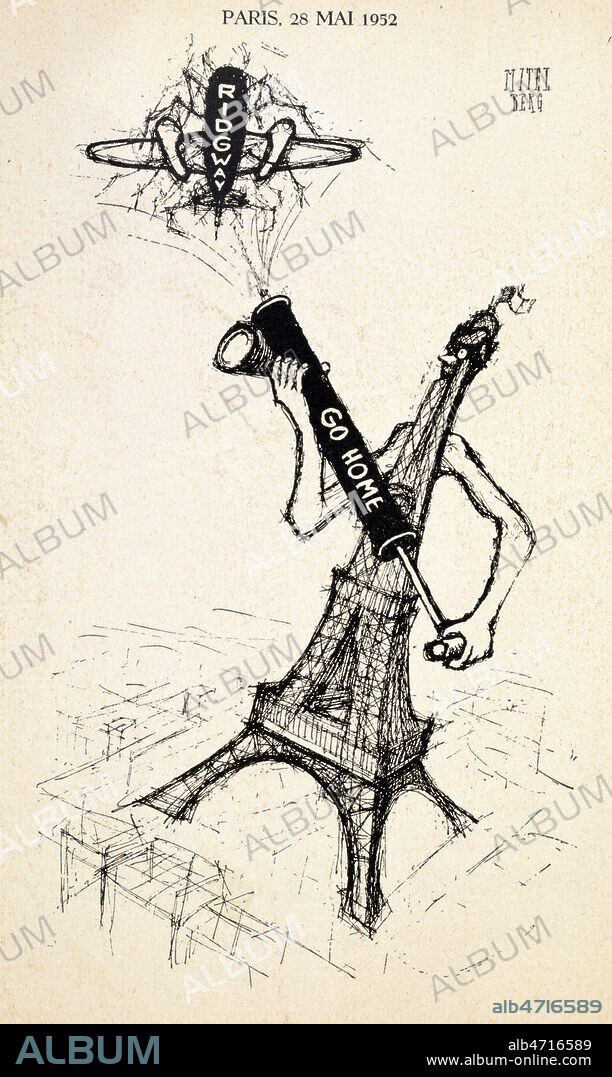 'Paris, 28 mai 1952'. La Tour Eiffel bombarde d'un insecticide sur lequel est marque 'Go Home' l'avion 'Ridgway' (du general americain Matthew Ridgway). Illustration par Louis MITELBERG (1919-2002 = ADAGP) vers 1955 (annees 50). Credit : Collection NB/KHARBINE-TAPABOR.