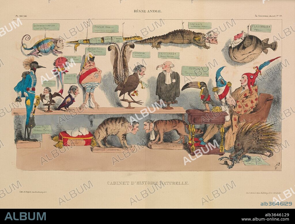 JEAN IGNACE ISIDORE GERARD GRANDVILLE. Animal Kingdom: Natural History Cabinet (Règne animal: Cabinet d'histoire naturelle), from La Caricature, plates 265 and 266. Artist: J. J. Grandville (French, Nancy 1803-1847 Vanves). Dimensions: Image: 11 1/4 × 14 3/8 in. (28.6 × 36.5 cm)
Sheet: 14 in. × 20 1/2 in. (35.6 × 52.1 cm). Lithographer: Becquet. Publisher: Aubert et Cie. Date: April 18, 1833.
Lithograph satirizing King Louis-Philippe and his political collaborators by protraying them as animal specimens on display in a natural history museum.