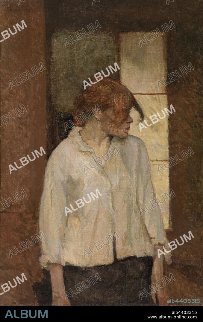 Henri de Toulouse-Lautrec: "A Montrouge"–Rosa La Rouge, Henri de Toulouse-Lautrec, 1886–1887, Oil on canvas, Toulouse-Lautrec was interested in showing in the underbelly of glamorous Parisian society. Here the model Carmen Gaudin poses as the prostitute Rosa La Rouge, a seedy and murderous character popularized by the songs of the cabaret performer Aristide Bruant. This painting formerly hung in Bruant's nightclub, Le Mirliton, in the Montmartre neighborhood of Paris. Toulouse-Lautrec paints Carmen with flaming red hair covering her face. Her jaw, which juts out, conveys her surly nature., Overall: 28 3/8 x 19 1/8 in. (72.1 x 48.6 cm).