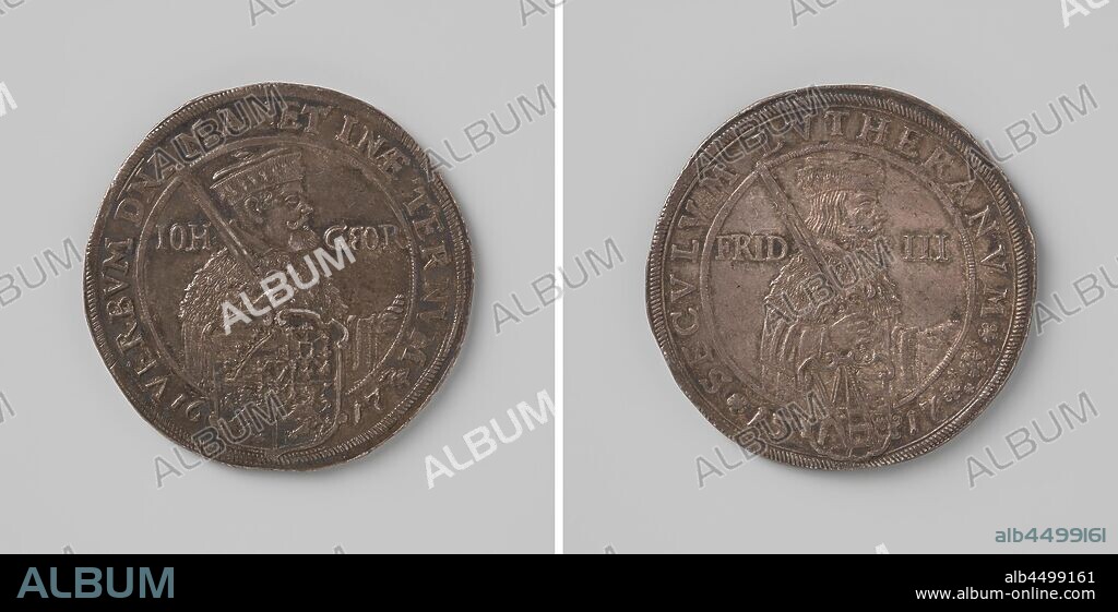 First Centenary of the Reformation by Martin Luther, Silver Medal. Obverse: portrait of man with sword over right shoulder (Frederik III). Reverse: portrait of man with sword over right shoulder (Johan Georg). Elector of Saxony Frederick III the Wise, Elector of Saxony Johan Georg I, Heinrich von Rehnen, Dresden, 1617, silver (metal), striking (metalworking), d 4.4 cm × w 294 gr.