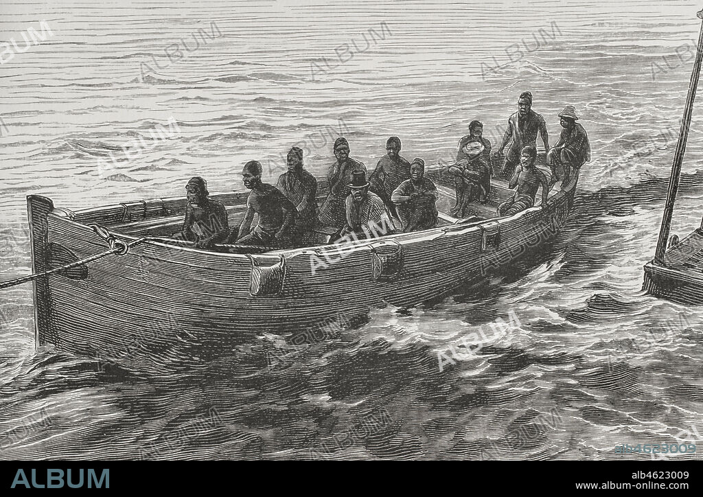 Bote-práctico a remolque de un vapor, en el río Congo. Grabado. El Congo y la Creación del Estado Independiente de este nombre. Historia de los Trabajos y Exploraciones Verificados, por Enrique M. Stanley. Editada en Barcelona, hacia 1890. España.