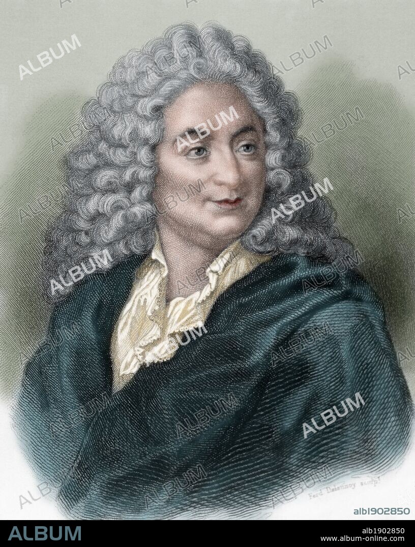 Alain-Rene Lesage (1668-1747). French novelist and playwright. Portrait. Engraving in "Universal History", 1869. Colored.