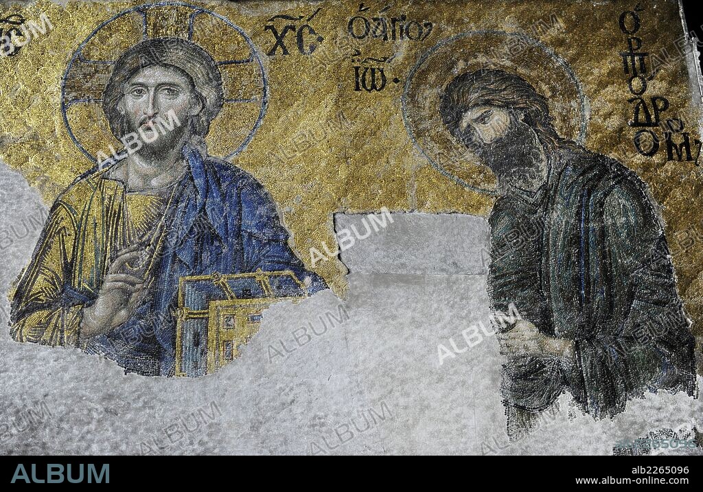ARTE BIZANTINO. TURQUIA. BASILICA DE SANTA SOFIA. S. VI-VII (S. VI-S. VII). Representación de "La Deesis", Cristo en Majestad en actitud de bendecir. Detalle de Cristo junto a Juan Bautista. Mosaico del S. XIII localizado en el nicho central de la galería meridional. Estambul.