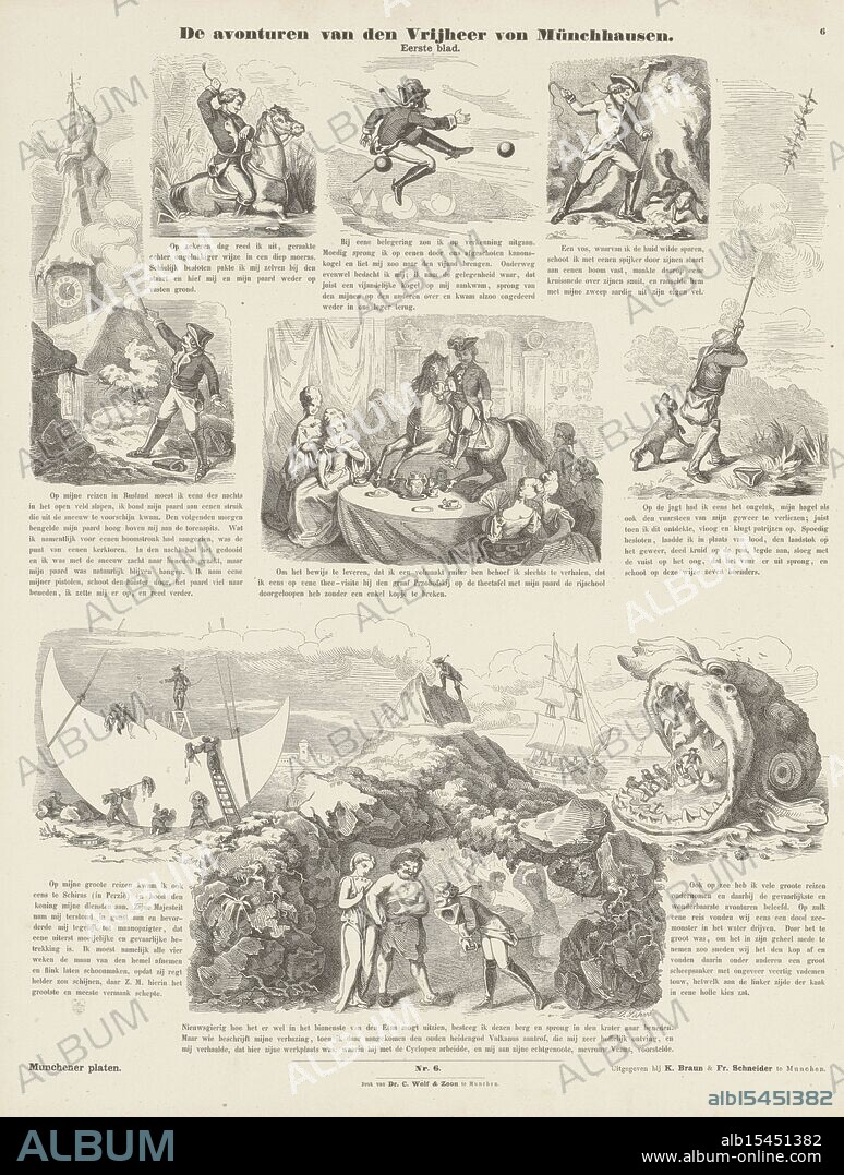 Munich, Wolf & Sohn, Dr. C., Braun and Fr. Schneider, K., Braun, Kaspar, Europa, Sickert, Oswald Adalbert, Munich plates, The adventures of Baron von Münchhausen, Europe, verso - stamped, Sheet with 7 illustrations of the tall tales of Baron Karl Friedrich Hieronymus von Münchhausen. A caption under each illustration. Numbered in the middle below: No. 6. Numbered top right: 6., print, prent, volksprent, prints, prenten, volksprenten, height 440 mm, width 349 mm, Work conception, Danish, German, English, 1828 - 1885, after a design by, 1843 - 1920, paper, papier, wood engraving, letterpress printing, 1807 - 1877, print maker, printmaker, Publication (Event), Publication, publisher, uitgever, printer, drukker.