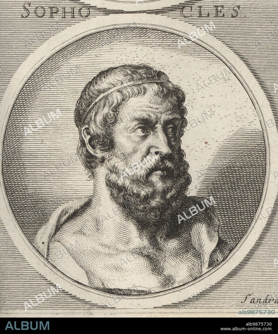 Sophocles, ancient Greek tragedian, c.497-406 BC. Author of Ajax, Antigone, Women of Trachis, Oedipus Rex, Electra, etc. Sophocles. Copperplate engraving by Bartholomaus Kilian after an illustration by Joachim von Sandrart from his LAcademia Todesca, della Architectura, Scultura & Pittura, oder Teutsche Academie, der Edlen Bau- Bild- und Mahlerey-Kunste, German Academy of Architecture, Sculpture and Painting, Jacob von Sandrart, Nuremberg, 1675.