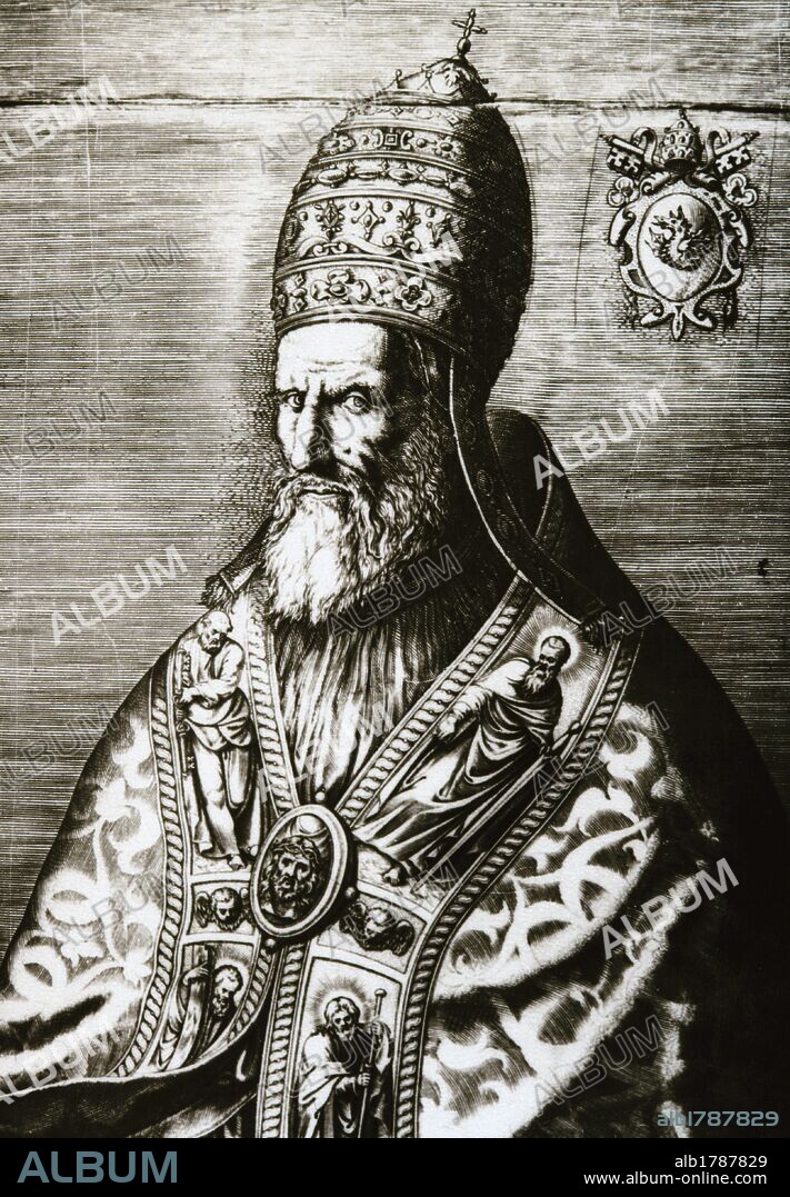 GREGORIO XIII (Bolonia, 1501-Roma, 1585). Papa italiano (1572-1585), de nombre Ugo BONCOMPAGNI. Nombrado cardenal y legado en España (1565). Reforzó la doctrina de la reforma tridentina. Promovió la creación de colegios, la reforma del Calendario Juliano (1582), la Contrarreforma en Alemania y editó el "Corpus Iuris Canonici". Grabado.