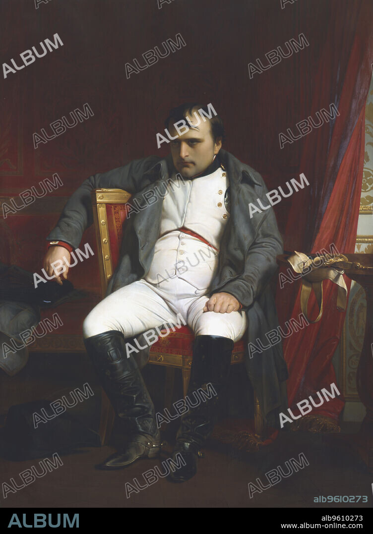 PAUL DELAROCHE. 'Napoleon at Fontainebleau During the First Abdication - April 1814'. Napoleon Bonaparte (1769-1821) enjoyed a meteoric rise through the ranks of the French Revolutionary army. In 1799 he led a coup to overthrow the government, the Directory, and became first consul and effective dictator of France. In 1804, he declared himself Emperor, and embarked on a series of military campaigns across Europe, the Napoleonic Wars. Victories such as Austerlitz and Jena led to France establishing its power across much of the continent. In 1812, however, Napoleon embarked on a disastrous invasion of Russia and defeat at Leipzig in 1813 led to his abdication and exile to Elba. He ecaped in 1815, raised another army, but was finally defeated by Wellington at Waterloo, and exiled again to St Helena. From the Musee de l'Armee, Paris.