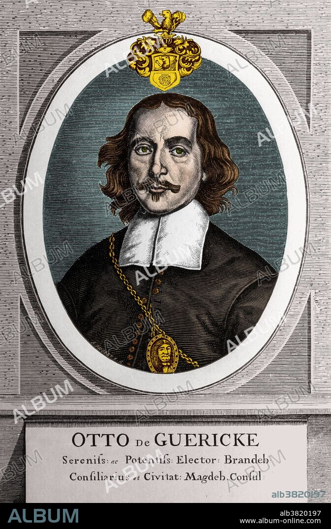 Otto von Guericke (November 30, 1602 - May 21, 1686) was a German scientist, inventor, and politician. His major scientific achievements were the establishment of the physics of vacuums, the discovery of an experimental method for clearly demonstrating electrostatic repulsion, and his advocacy of the reality of "action at a distance" and of "absolute space". Around 1650 von Guericke invented a vacuum pump consisting of a piston and an air gun cylinder with two-way flaps designed to pull air out of whatever vessel it was connected to, and used it to investigate the properties of the vacuum in many experiments. His scientific concerns may be divided into three areas, to each of which a Book of the Experimenta Nova is dedicated as follows: Book II; the nature of space and the possibility of the void, Book III: the experimental work on the production of vacua, the pressure of air and the Earth's atmosphere, and Book IV: the investigation into cosmic potencies. In 1677 von Guericke, after repeated requests, was reluctantly permitted to step down from his civic responsibilities. He died peacefully in his sleep in 1686 at the age of 83. This image has been color enhanced.