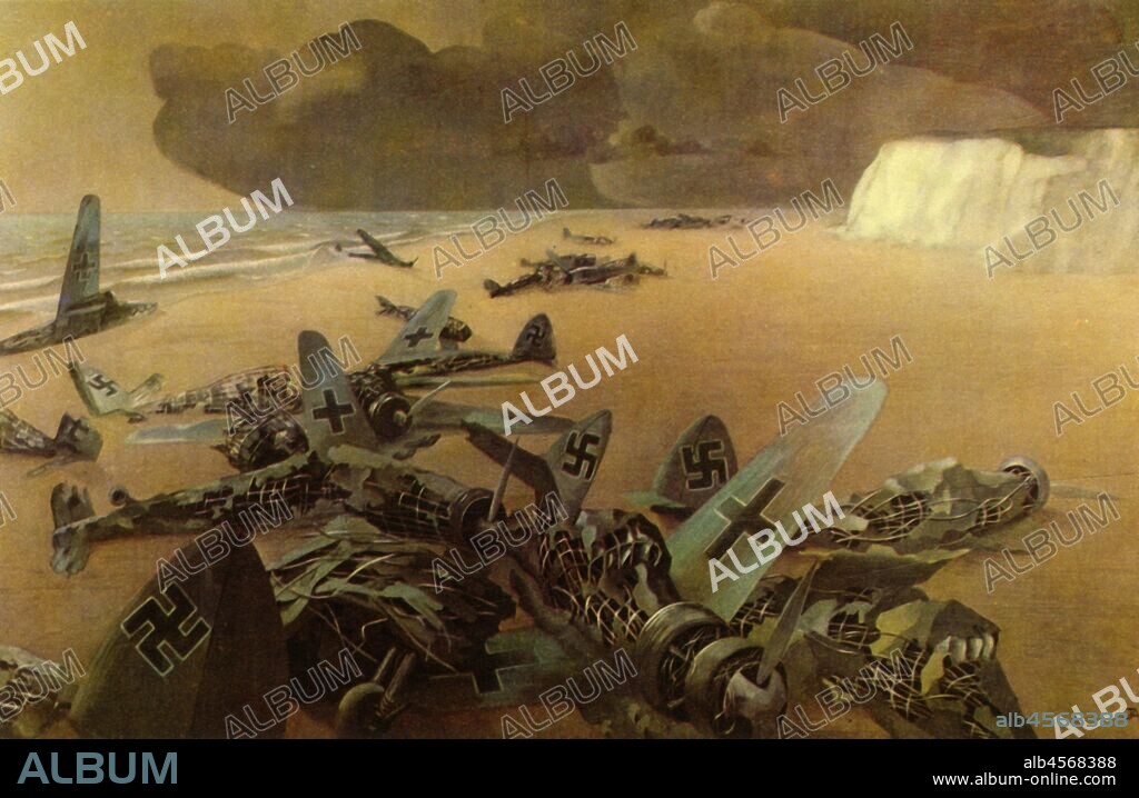 JOHN ARMSTRONG. 'September 1940', (1944). Aftermath of an aerial battle during the Second World War: wrecked German and British fighter planes on a beach. Painting in the Manchester Art Gallery. From "Britain In The Air", by Nigel Tangye. [Collins, London, 1944].