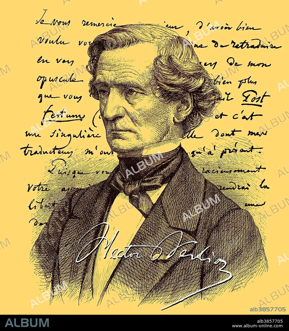 Historical manuscript with the portrait of Louis Hector Berlioz, 1803 - 1869, French composer and music critic