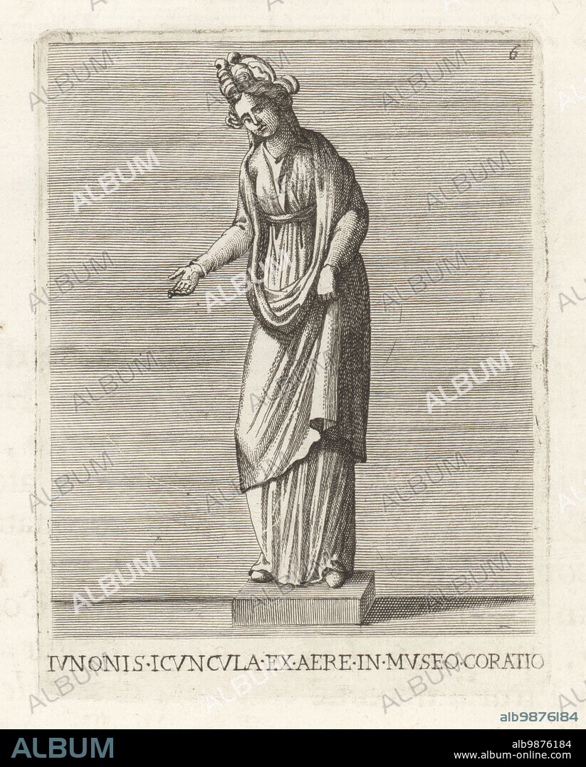 Bronze figure of a goddess in diadem and robe, found in the villa of Tadeus Orselli of Cortona. Possibly Roman Juno, in Etruscan religion Uni or Eris, goddess of marriage, fertility, family. Phoenician Astarte, Greek Hera. Iunonis Icuncula ex aere in Museo Coratio. Copperplate engraving from Francesco Valesio, Antonio Gori and Ridolfino Venutis Academia Etrusca, Museum Cortonense in quo Vetera Monumenta, (Etruscan Academy or Museum of Cortona), Faustus Amideus, Rome, 1750.