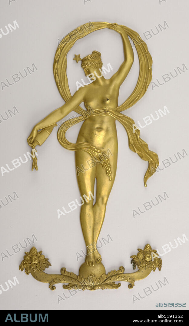 Mount, Stamped, cast and chased gilt bronze, Nude goddess, possibly Hebe, pouring wine from a ewer, encircled by a billowing scarf with flowing ends, standing on an orb between cornucopiae., ca 1805, metalwork, Decorative Arts, Mount.