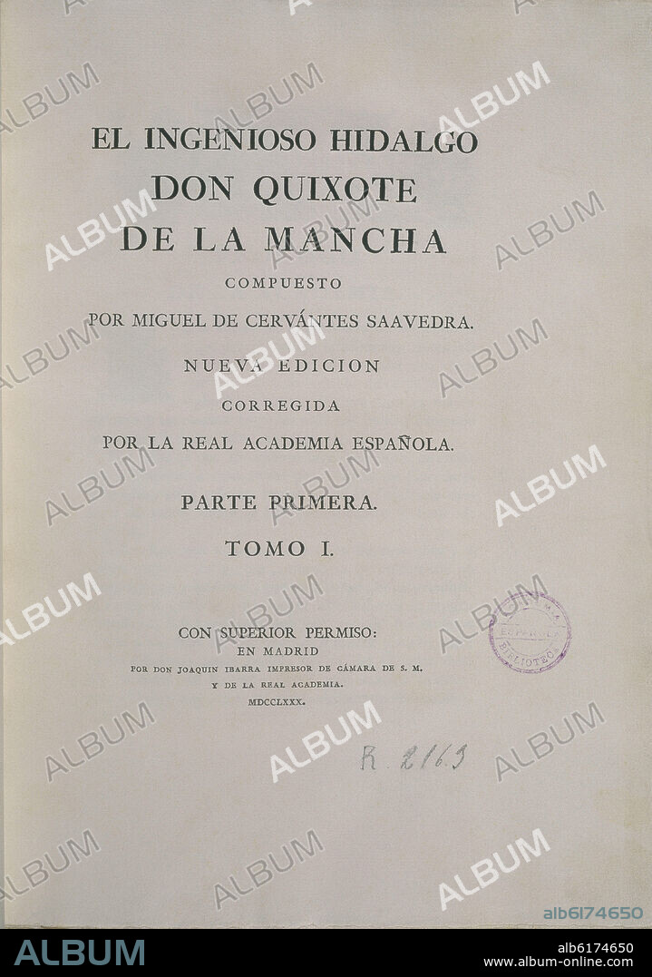 MIGUEL DE CERVANTES SAAVEDRA. PORTADA DEL INGENIOSO HIDALGO DON QUIJOTE DE LA MANCHA/ NUEVA EDICION CORREGIDA POR LA ACADEMIA/ PAR.