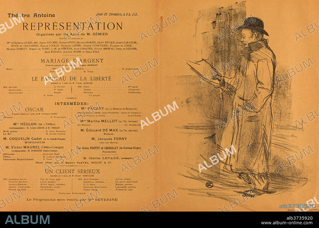 HENRI DE TOULOUSE-LAUTREC. Mariage d'argent; Le Fardeau de la liberté; Un Client sérieux [recto]. Dated: 1897. Dimensions: sheet: 31.9 x 49.5 cm (12 9/16 x 19 1/2 in.). Medium: lithograph in black on light brown wove paper.