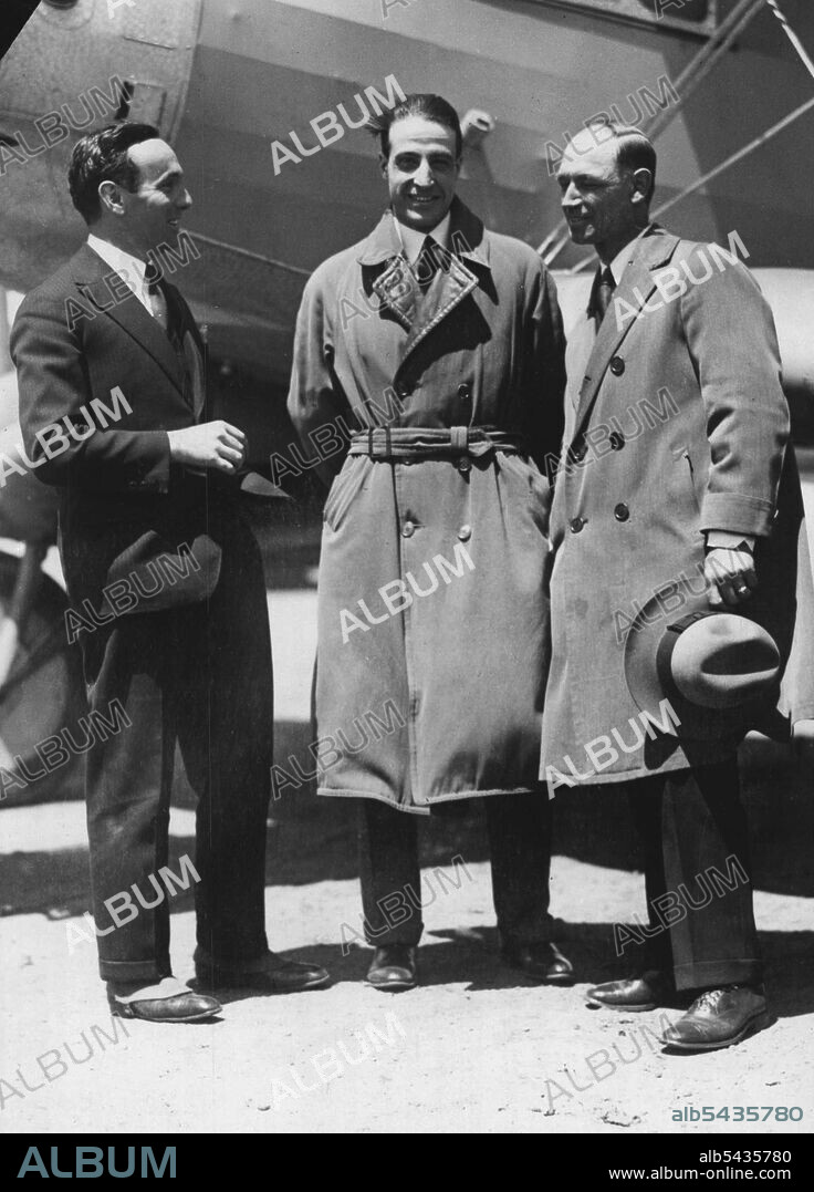 Prepare For Non-Stop Flight From New York To Rome -- Left to right, navigator Piero Bonelli, navigator, Count Caesar Sabelli, pilot and Roger Williams, co pilot, in front of the big single-motored Bellanca plane in which they will attempt a non-stop flight from New York to Rome, in June. May 13, 1928. (Photo by International Newsreel Photo).