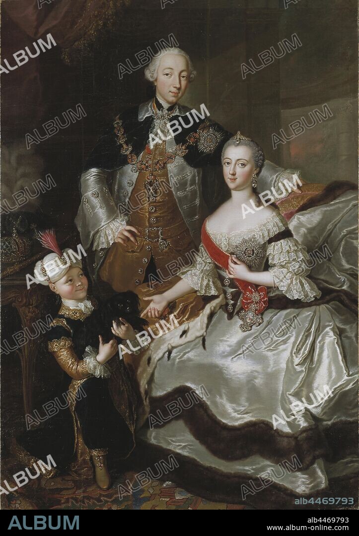Anna Rosina de Gasc, Peter III and Catherine II, Peter III and Catherine II of Russia, Peter III, 1728-1762, Duke of Holstein-Gottorp, Emperor of Russia, Catherine II, 1729-1796, Princess of Anhalt, -Zerbst, Empress of Russia and Kalmuckic servant boy, painting, portrait, Peter III of Russia, 1756, Oil on canvas, Height, 207 cm (81.4 inches), Width, 143 cm (56.2 inches), Signed, Peint par Rosine Matthieu, no Lisiewska Ao 1756.