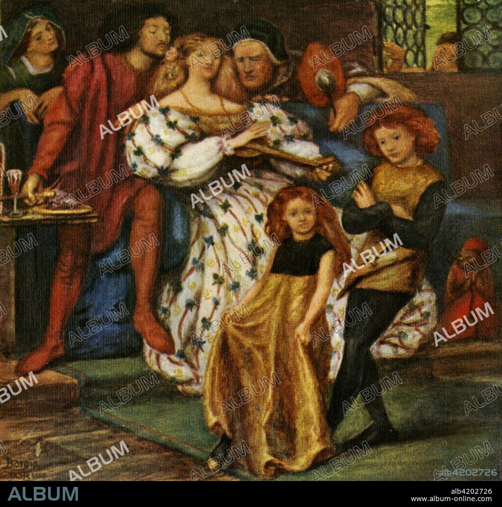 'The Borgia Family', 1863, (c1912). Painting in the Victoria & Albert Museum, depicting Pope Alexander VI, his son Cesare Borgia and his daughter Lucrezia Borgia. British poet, illustrator, painter and translator Dante Gabriel Rossetti (1828-1882) founded the Pre-Raphaelite Brotherhood in 1848 with William Holman Hunt and John Everett Millais. Rossetti drew extensively on medieval influences, and particularly the work of his namesake, the Italian writer and poet Dante Alighieri. He married his model Elizabeth Siddal who sat for ?Beata Beatrix?, painted a year after her death. He later became a founding partner in the decorative arts firm, Morris, Marshall, Faulkner & Co, developing a relationship with William Morris? wife Jane who became one of his ?muses?. Illustration from Rossetti - Masterpieces in Colour, by Lucien Pissarro. [TC & EC Jack, Frederick A Stokes Co,  London & New York, c1912].
