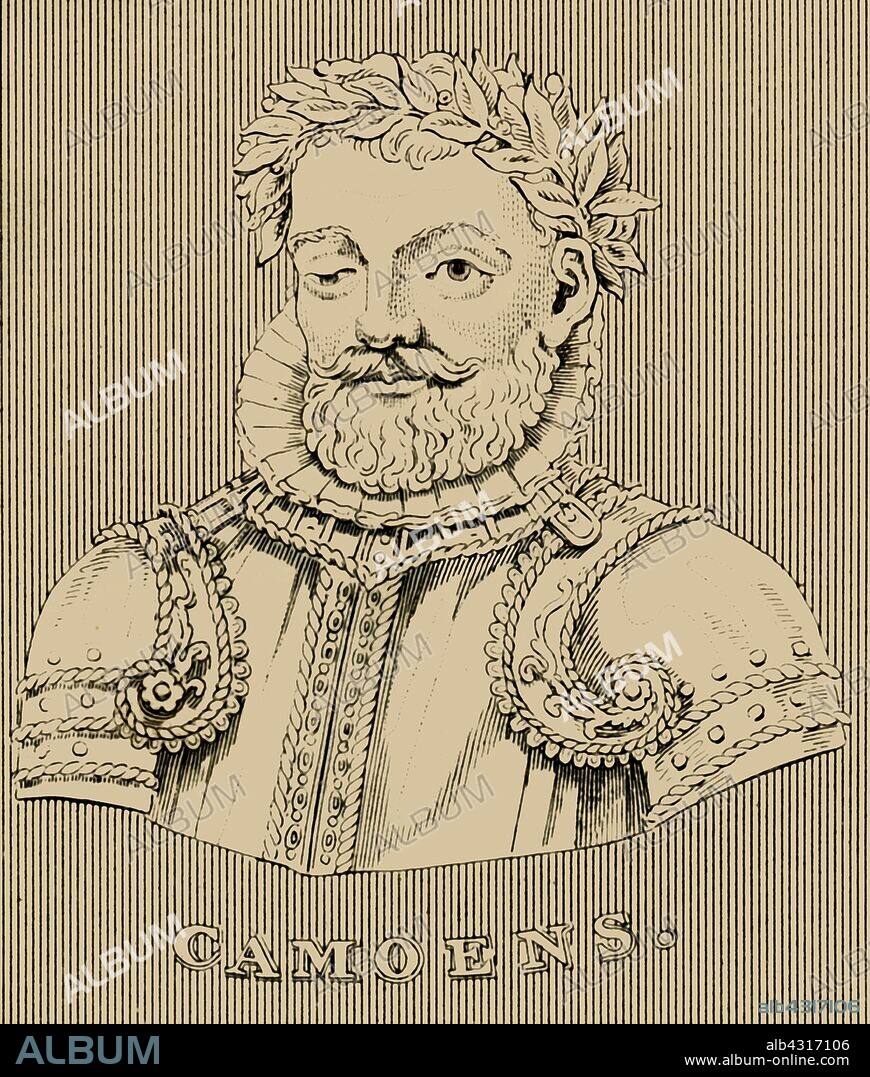'Camoens', (c1524-1580), 1830. Luis Vaz de Camoes (c1524-1580) Portuguese poet, a romantic and idealist, enlisted in overseas militia, and during a battle with the Moors, he lost the sight in his right eye. From "Biographical Illustrations", by Alfred Howard. [Thomas Tegg, R. Griffin and Co., J. Cumming, London, Glasgow and Dublin, 1830].