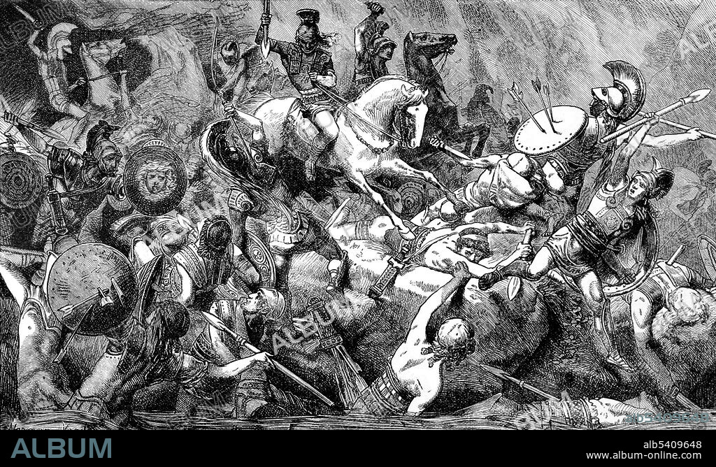 The Sicilian Expedition was an Athenian military expedition to Sicily, which took place from 415-413 BC during the Peloponnesian War. The Athenian survivors, including all the non-combatants, numbered 40,000. Near the Erineus river, Demosthenes and Nicias became separated, and Demosthenes was attacked by the Syracusans and forced to surrender his 6,000 troops. The rest of the Syracusans followed Nicias to the Assinarus river, where his troops became disorganized in the rush to find drinking water. On the other side of the river a Syracusan force was waiting, and the Athenians were almost completely massacred. Cyclopedia of Universal History by John Clark Ridpath, 1890 (cropped and cleaned).