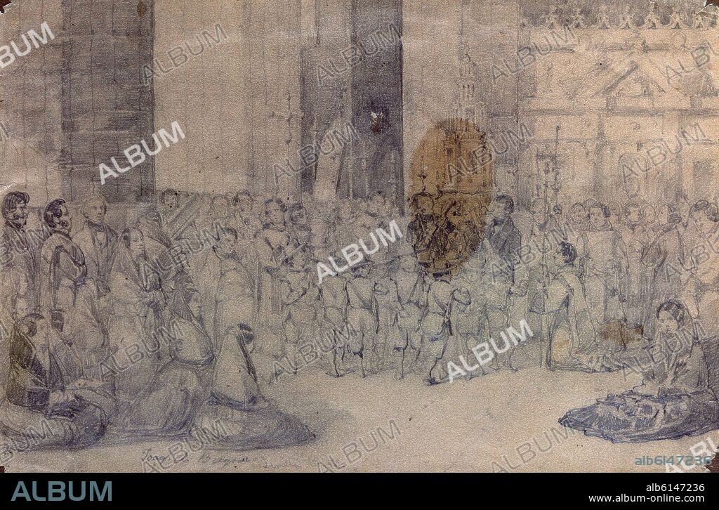 JOAQUIN DOMINGUEZ BECQUER (1819-1879). PROCESION DEL CORPUS EN EL INTERIOR DE LA CATEDRAL DE SEVILLA - DIBUJO 1848.
