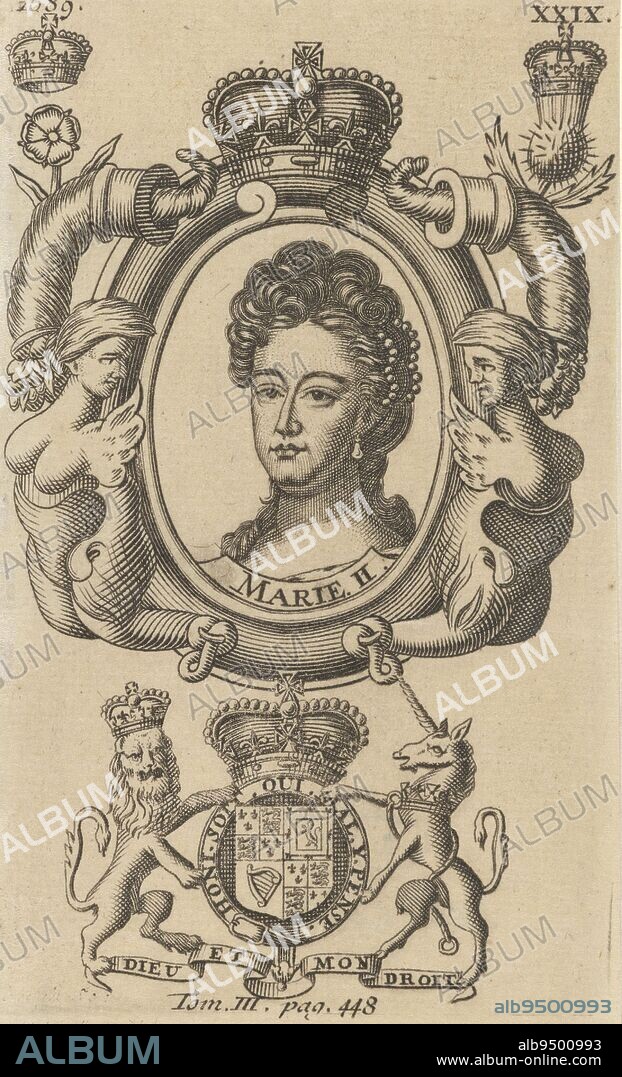 Portrait of Mary II in an ornamented oval with border lettering Around it a number of allegorical objects and figures Below center her coat of arms with a crown, a lion and a unicorn, decorated with the Garter and the motto of the Order of the Garter Below that on a banderole her gender motto Top left '1689' Top right 'XXIX' Bottom center 'Tom III pag 448', Portrait of Mary II Stuart, print maker: James Fittler, England, 1758 - 1835, paper, engraving, etching, h 141 mm × w 77 mm.