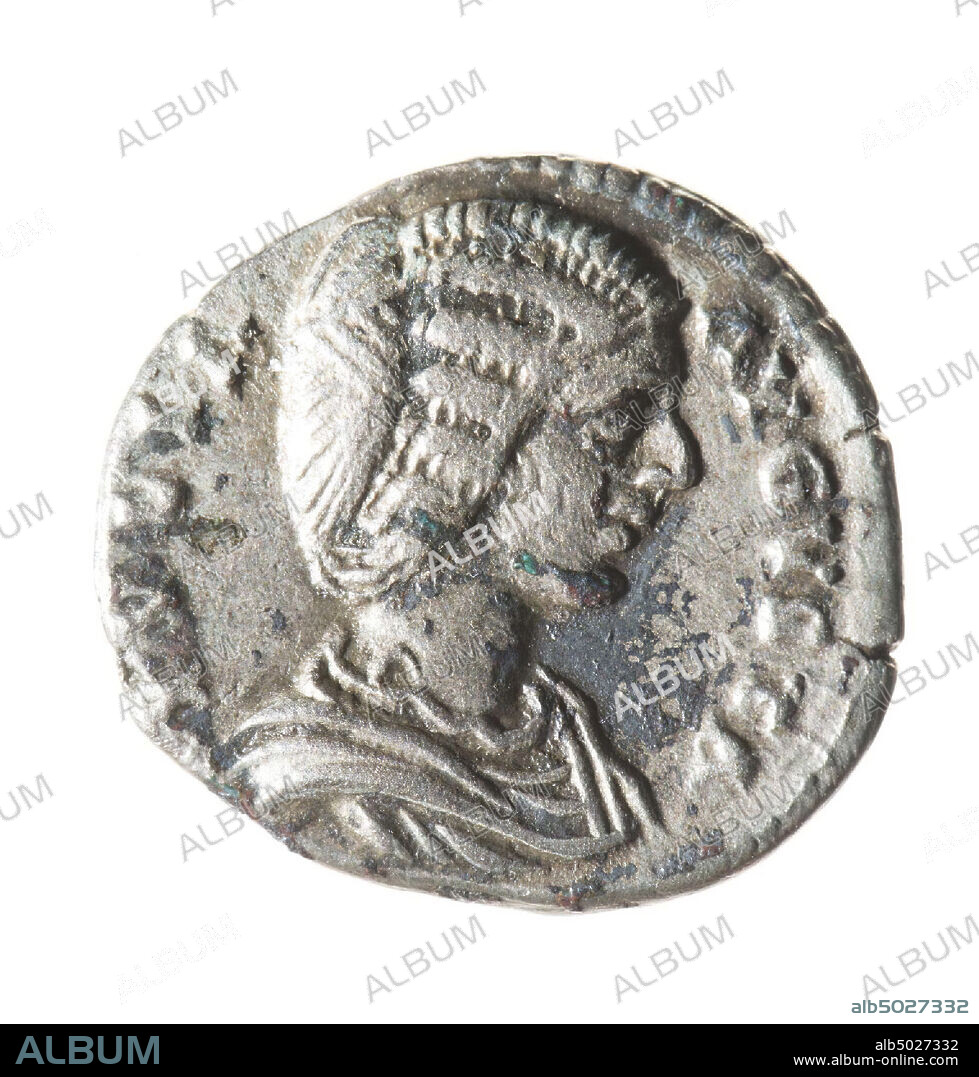 Obverse: Julia Domna, right. Inscription: IVLIA AVGVSTA. Reverse: Personification of Laetitia, left, laurel wreath in right hand and stir in left hand. Inscription: LAETITIA., Coin, by Julia Domna, wife of Septimius Severus, metal, silver, diam: 1,6 cm, wt. 2.37 grams, 196-211 AD, unknown.