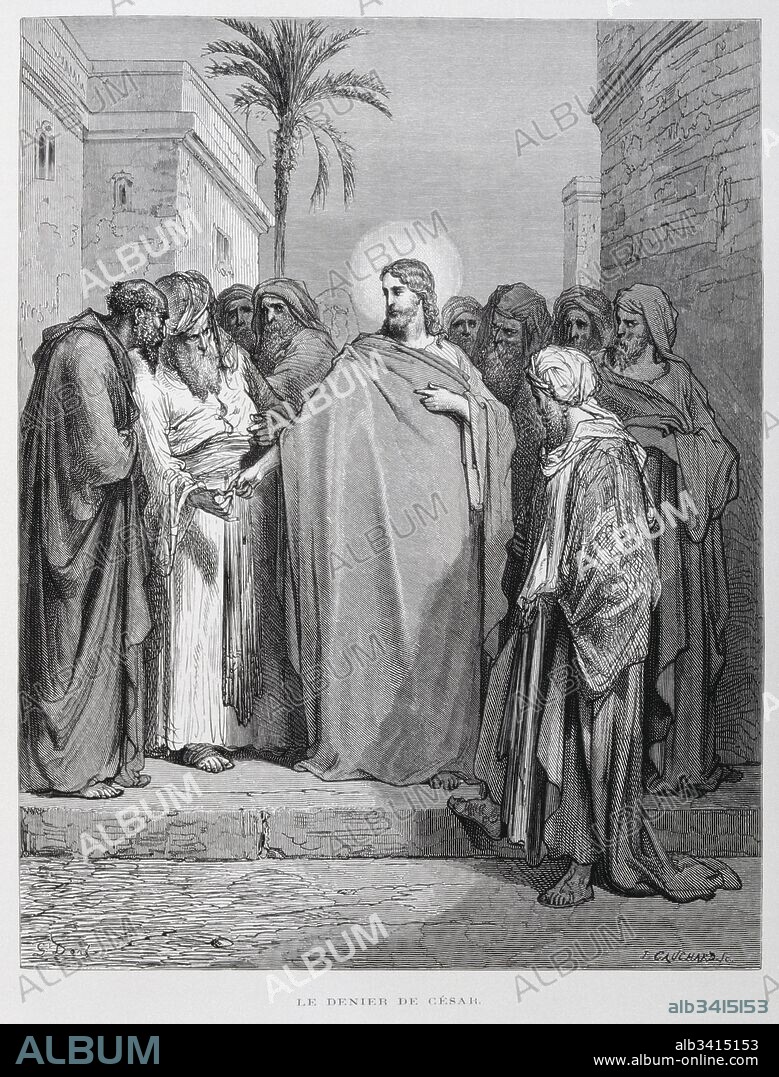 Matthew 22:15-22, Jesus Disputes with Pharisees about Tribute Money, Illustration from the Dore Bible 1866. In 1866, the French artist and illustrator Gustave Dore (1832–1883), published a series of 241 wood engravings for a new deluxe edition of the 1843 French translation of the Vulgate Bible, popularly known as the Bible de Tours. This new edition was known as La Grande Bible de Tours and its illustrations were immensely successful.