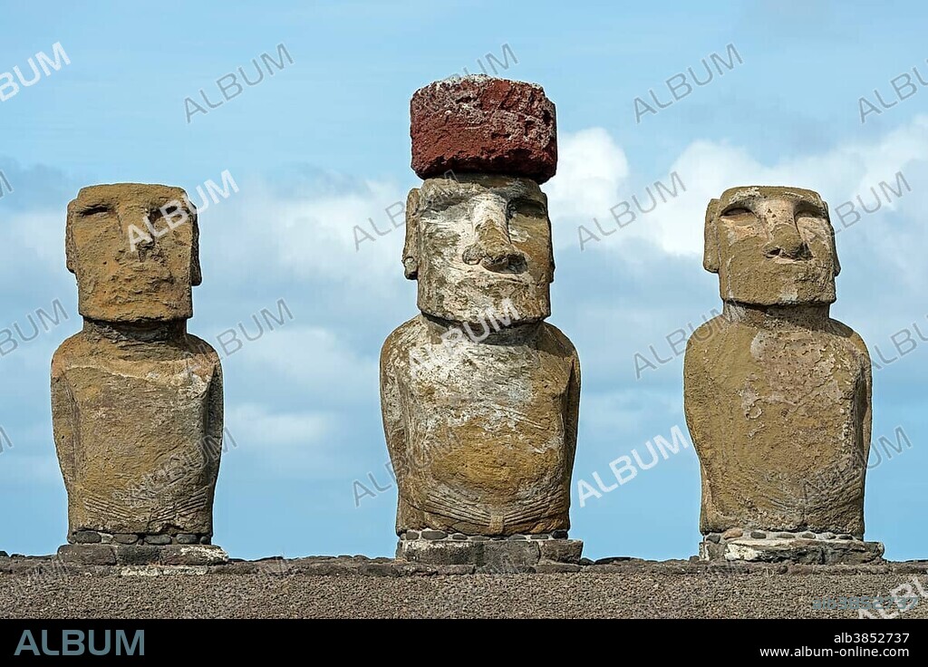 Three Moai statues, Rano Raraku, Easter Island, Chile, South America.